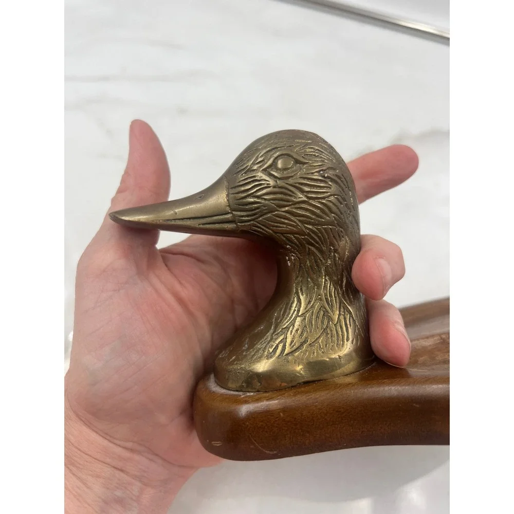 Vintage Brass Duck Head Wood Valet Tray Mallard Trinket Dish Catchall Organzier